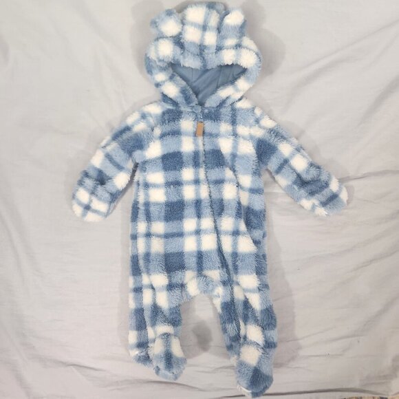 Carter's Full Zip Fuzzy Footed Hooded Jumpsuit Newborn Blue White Plaid Ears - Picture 1 of 3